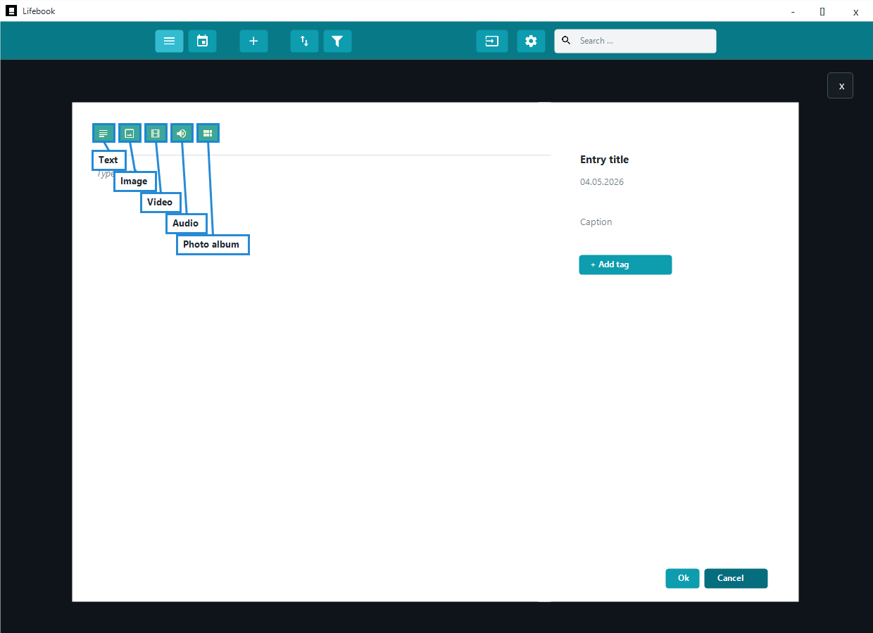 Annotated add entry overlay showing type buttons for text, image, video, audio, and photo album