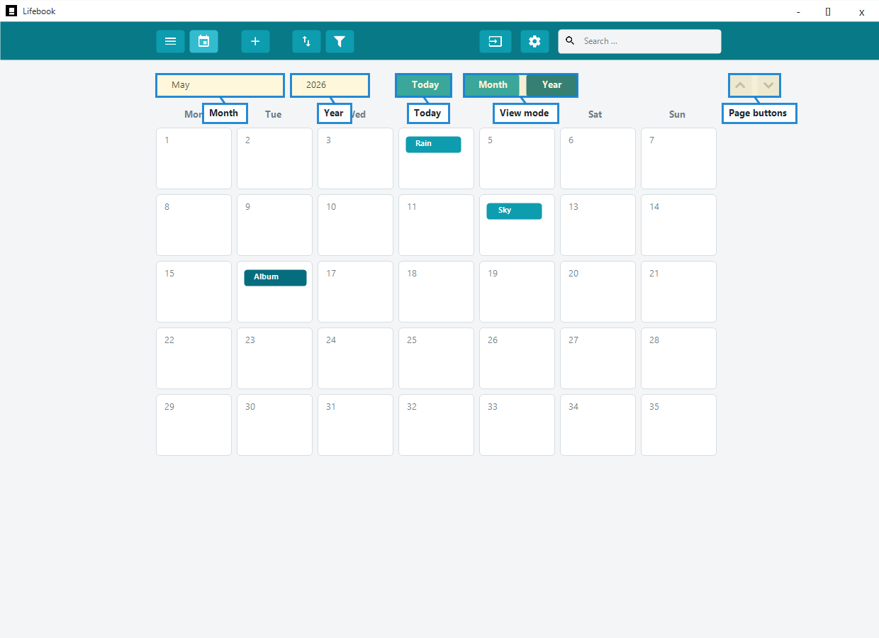 Annotated calendar controls for month, year, today, view mode, and page buttons