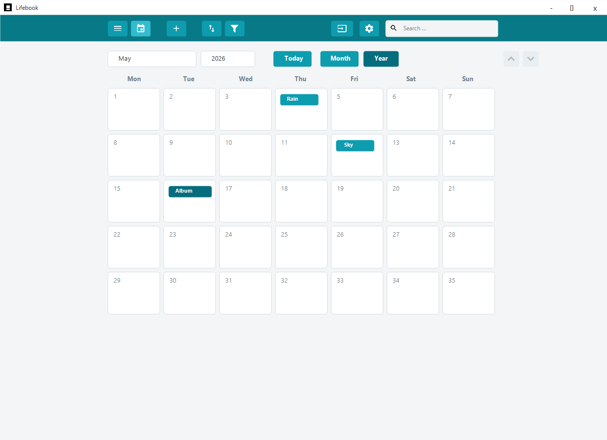 Calendar view showing a month grid with entries on days