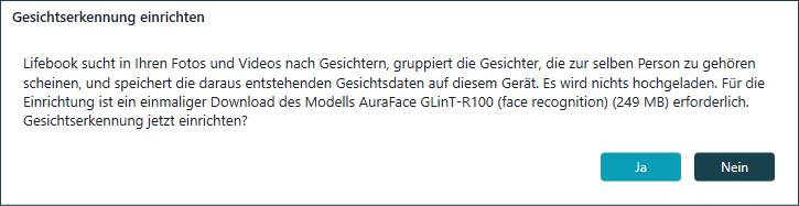 Dialog Gesichtserkennung einrichten mit Erklärung zur Analyse auf dem Gerät und zum einmaligen Modell-Download, mit Ja und Nein