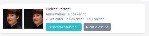 Vorschlagskarte „Gleiche Person?" mit zwei Gesichtern nebeneinander, beiden Namen, beiden Gesichtsanzahlen und den Schaltflächen „Zusammenführen" und „Nicht dieselbe"