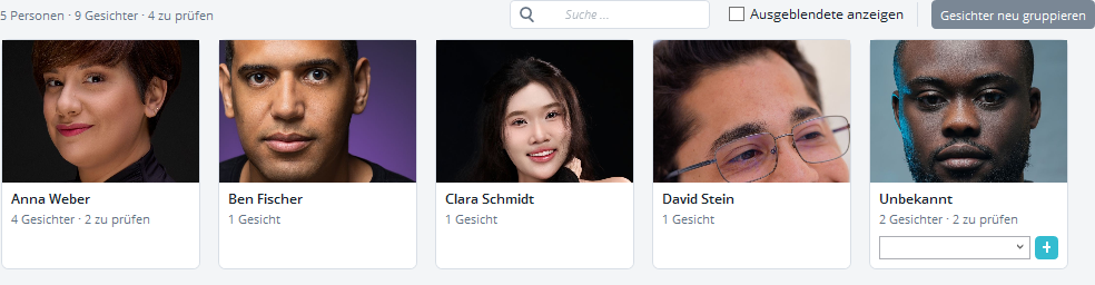 Lifebook-Personenseite mit fünf Personenkarten, den Zählern im Kopfbereich, Suchfeld, Ausgeblendete anzeigen und Gesichter neu gruppieren