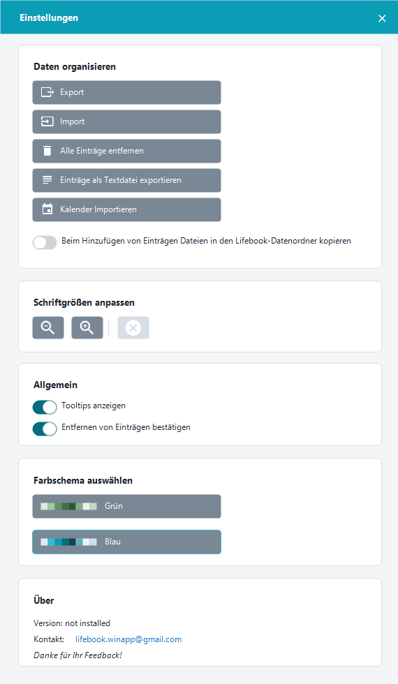 Einstellungsdialog mit Steuerelementen für Daten, Anzeige, Verhalten, Farbschema und Kontakt