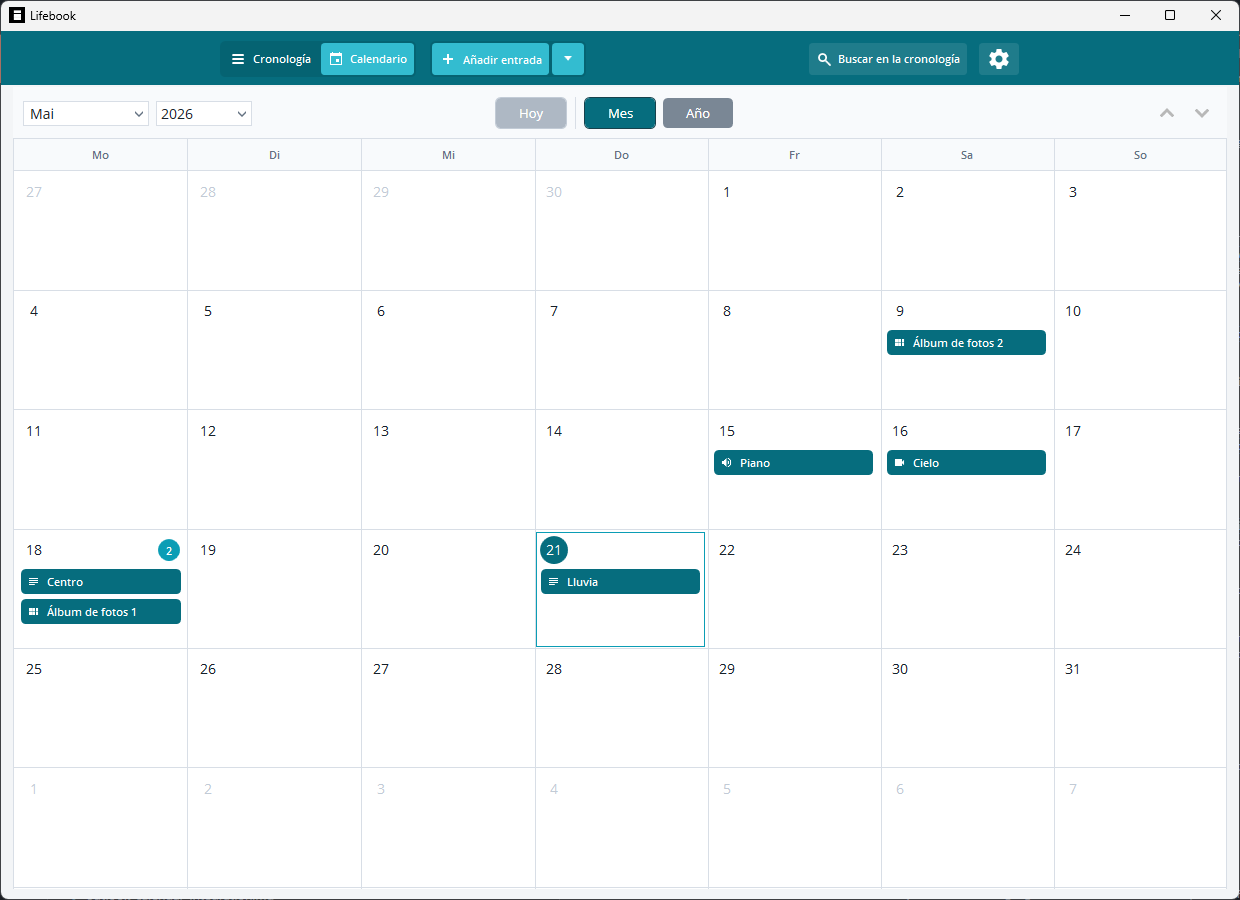 Vista de calendario de Lifebook con entradas colocadas por día