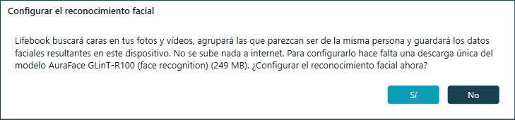 Diálogo Configurar el reconocimiento facial que explica el análisis en el dispositivo y la descarga única del modelo, con Sí y No