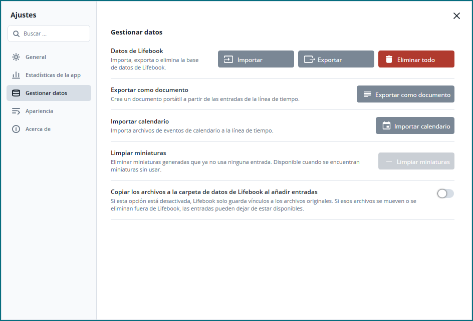 Ajustes de Lifebook con categorías en la barra lateral y acciones para gestionar datos