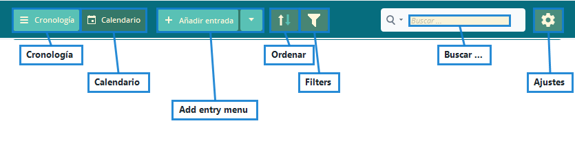 Menú principal de Lifebook con llamadas para cronología, calendario, menú de añadir entrada, ordenar, filtros, ajustes y búsqueda