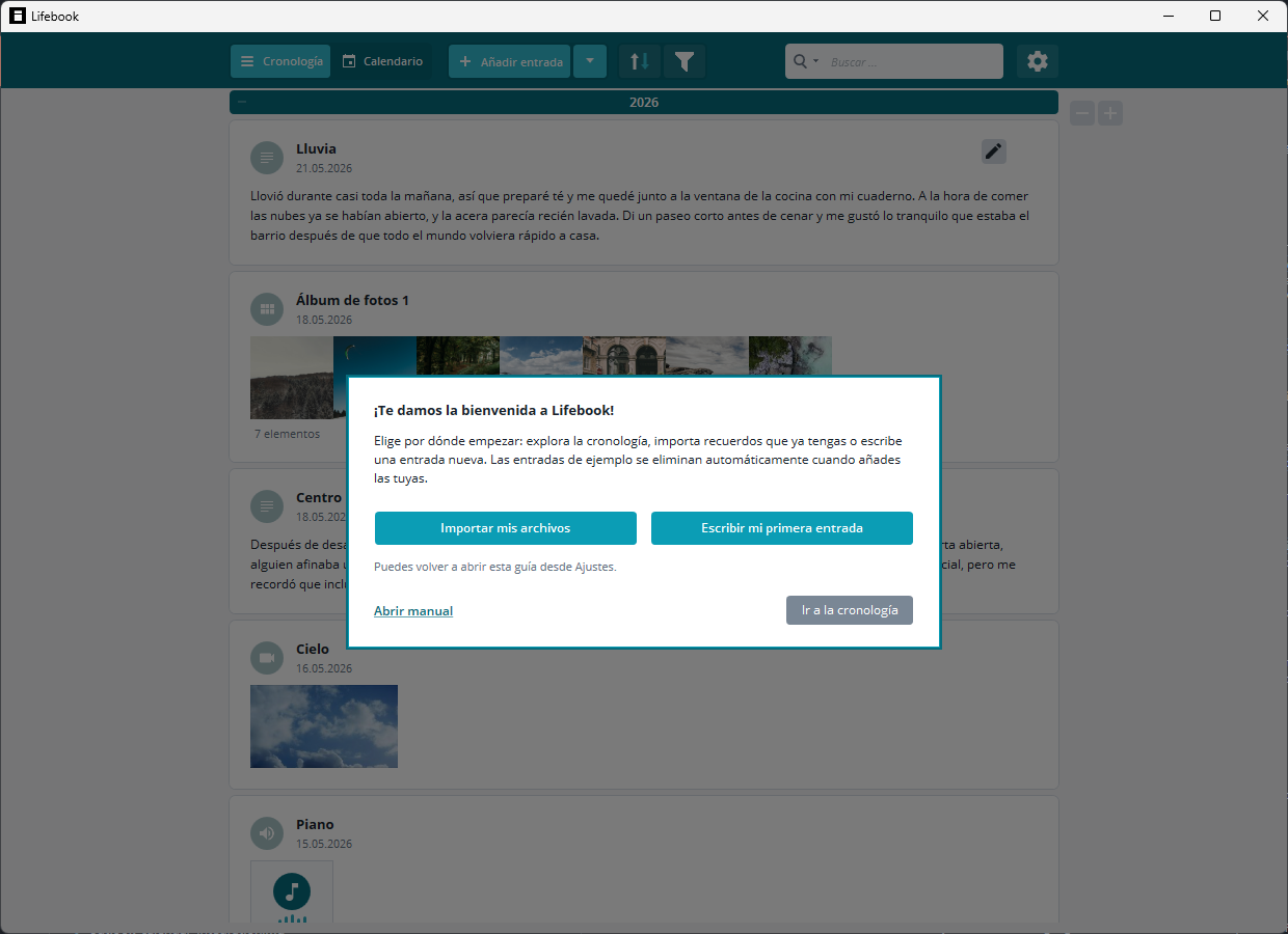 Guía de bienvenida con opciones para importar, crear la primera entrada, abrir el manual y entrar en la cronología