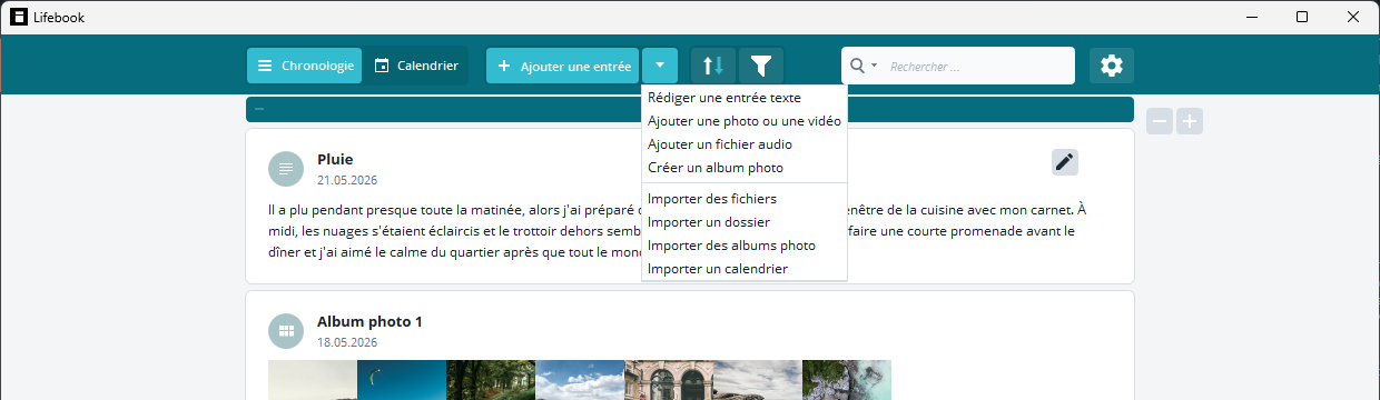 Menu d'ajout ouvert depuis le menu principal avec choix d'import