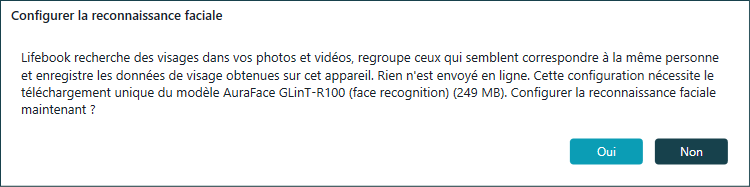Boîte de dialogue Configurer la reconnaissance faciale expliquant l'analyse sur l'appareil et le téléchargement unique du modèle, avec Oui et Non