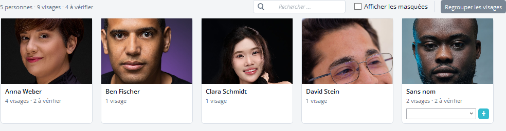 Page Personnes de Lifebook avec cinq fiches de personne, les compteurs de l'en-tête, le champ de recherche, Afficher les masquées et Regrouper les visages
