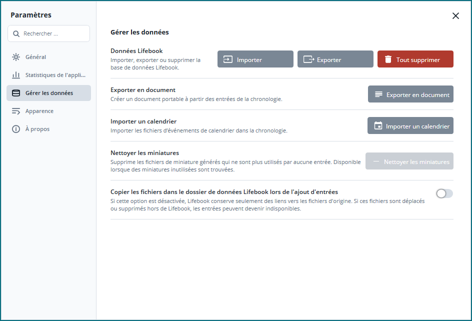 Paramètres Lifebook avec catégories latérales et actions de gestion des données
