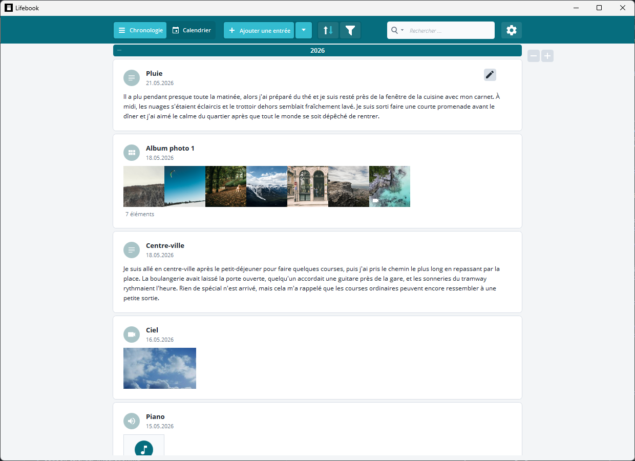 Vue chronologique Lifebook avec le menu principal actuel et des cartes d'entrée