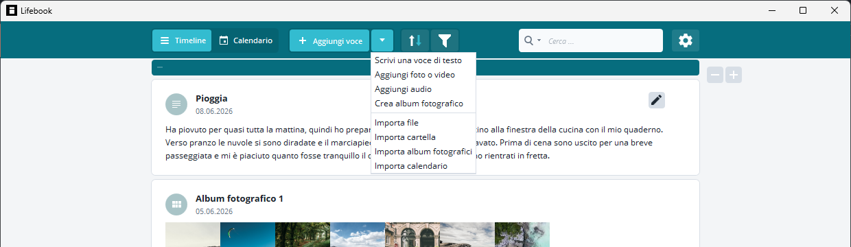 Menu di aggiunta voce aperto dal menu principale con opzioni di importazione