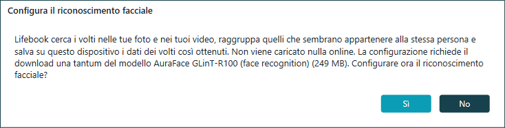 Finestra Configurare il riconoscimento facciale che spiega l'analisi sul dispositivo e il download una tantum del modello, con Sì e No