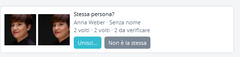 Scheda di suggerimento Stessa persona? con due volti affiancati, entrambi i nomi, entrambi i conteggi dei volti e i pulsanti Unisci e Non è la stessa