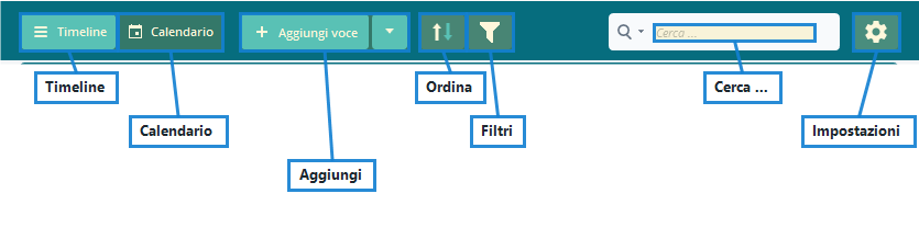 Menu principale di Lifebook con richiami per timeline, calendario, menu aggiungi voce, ordinamento, filtri, impostazioni e ricerca