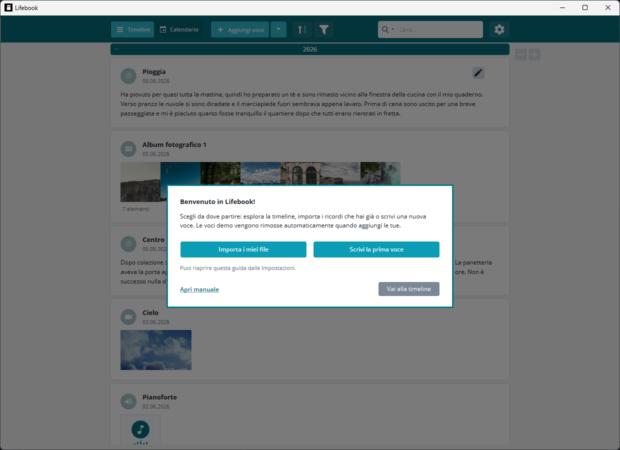 Guida di benvenuto con opzioni per importare, creare la prima voce, aprire il manuale e andare alla timeline