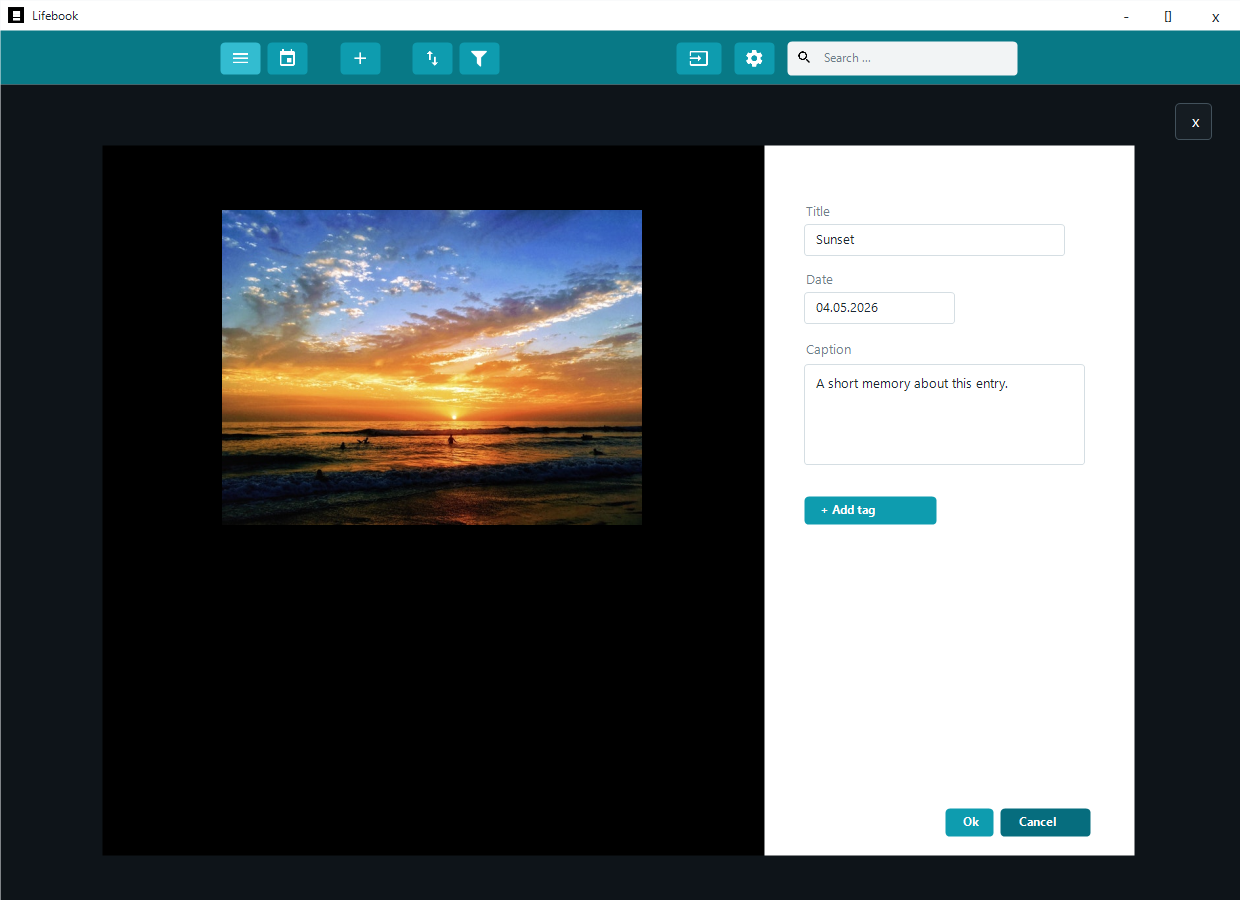Overlay edit mode showing editable title, date, caption, tags, and save controls