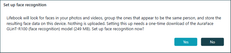 Set up face recognition dialog explaining on-device analysis and the one-time 249 MB model download, with Yes and No