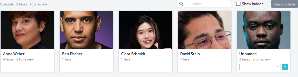 Lifebook People page with five person cards, the header counts, search box, Show hidden, and Regroup faces