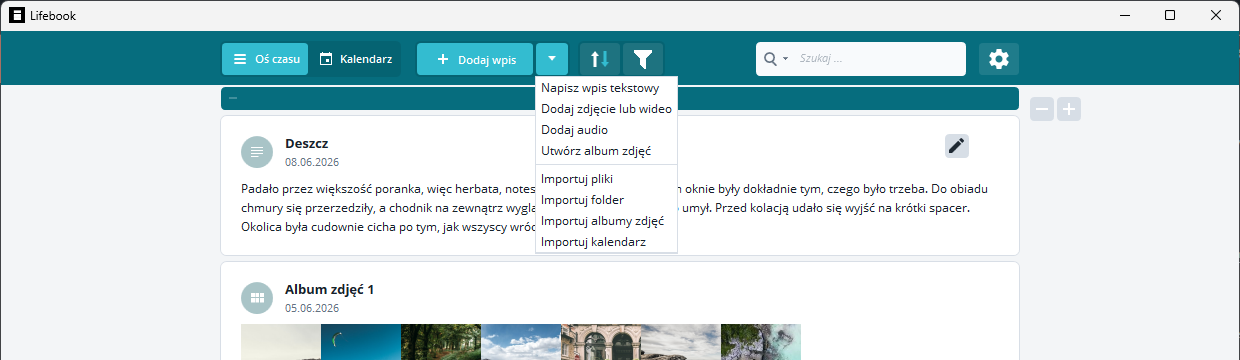 Menu dodawania wpisu otwarte z menu głównego z opcjami importu