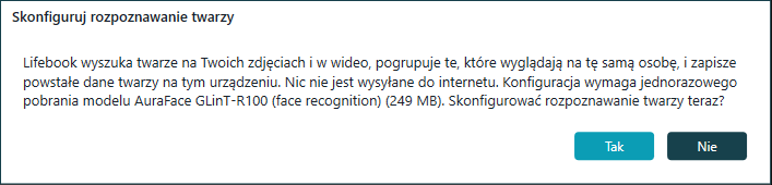 Okno Konfigurowanie rozpoznawania twarzy z wyjaśnieniem analizy na urządzeniu i jednorazowego pobrania modelu, z przyciskami Tak i Nie
