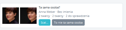 Karta sugestii Ta sama osoba? z dwiema twarzami obok siebie, obydwoma imionami, obydwiema liczbami twarzy oraz przyciskami Scal i To nie ta sama osoba
