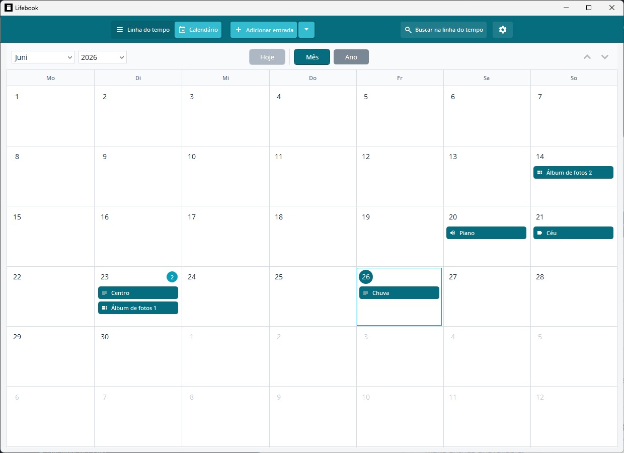 Calendário do Lifebook mostrando entradas organizadas por dia