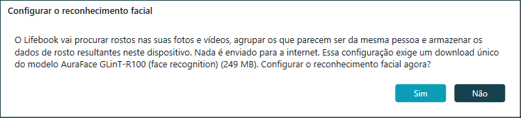 Caixa de diálogo Configurar o reconhecimento facial explicando a análise no dispositivo e o download único do modelo, com Sim e Não