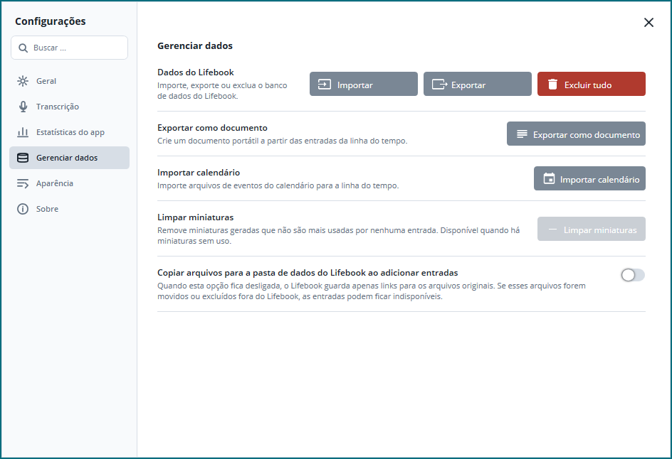 Janela Configurações do Lifebook com categorias laterais e ações de gerenciar dados