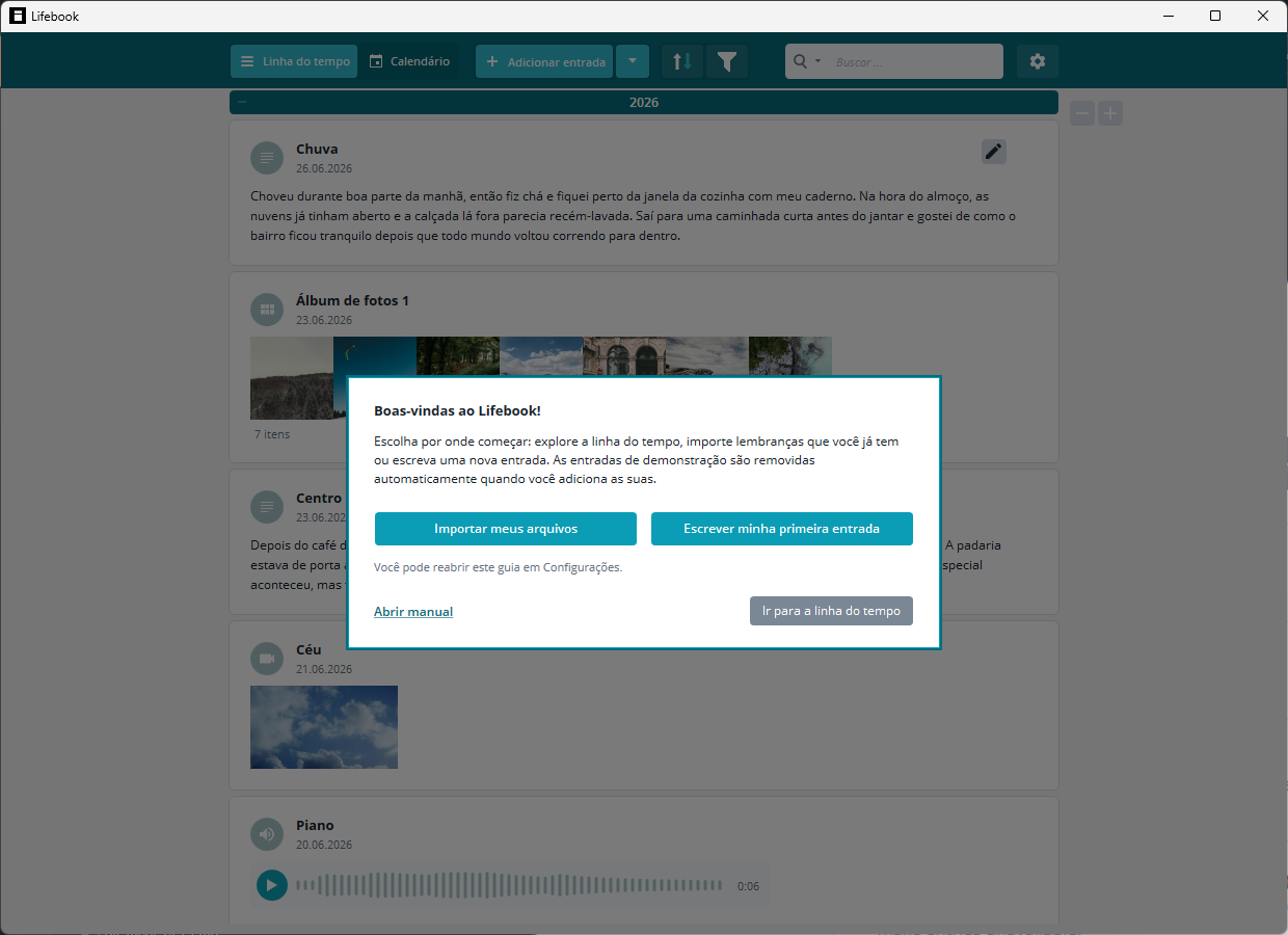 Guia de boas-vindas do Lifebook com opções para importar, escrever a primeira entrada, abrir o manual ou continuar para a linha do tempo