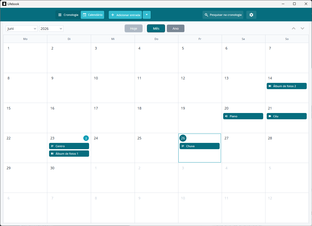 Calendário do Lifebook mostrando entradas organizadas por dia