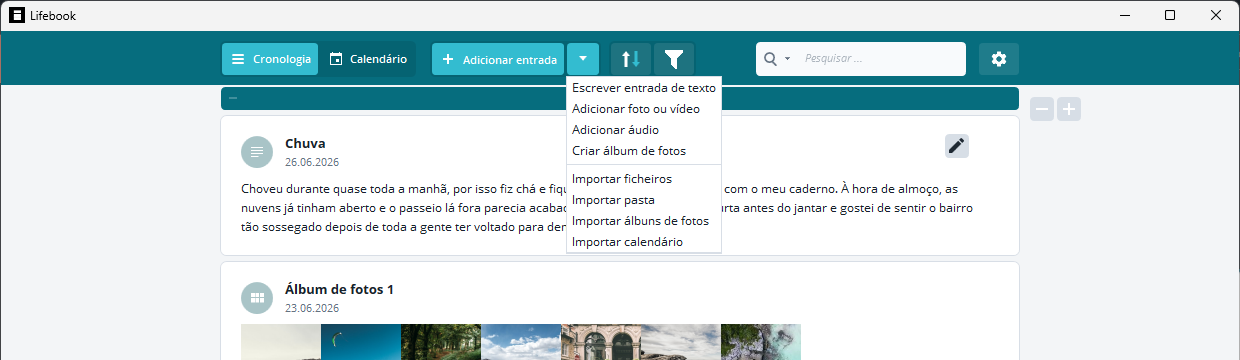 Menu de adicionar entrada aberto a partir do menu principal com opções de importação