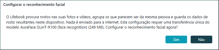 Caixa de diálogo Configurar o reconhecimento facial explicando a análise no dispositivo e a transferência única do modelo, com Sim e Não