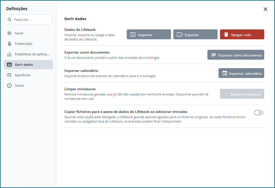 Janela Definições do Lifebook com categorias laterais e ações de gerir dados