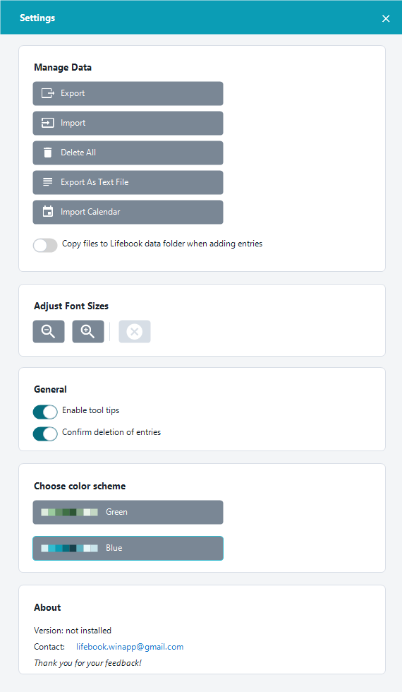 Settings dialog with data, display, behavior, color scheme, and contact controls